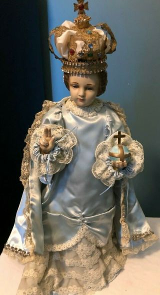 Large Antique Nuns Convent Infant Jesus Of Prague Statue W/ Glass Eyes Columbia