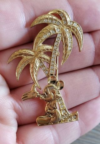 Mickey Mouse Brooch Disney Goldtone Rhinestones Palm Tree Collectible Pin
