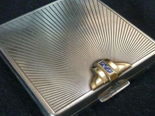 Art Deco 14k Yg Sterling Silver Sapphire Sunburst Square Compact Case