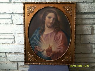 Vintage Antique Framed Painting Of Sacred Heart Of Jesus 19 " X23 "