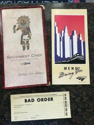 2 Vintage Railroad Menus,  Southwest Chief & Amtrak And Freight Bad Order Card.