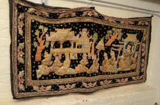 Atq Old Burmese Kalaga Embroidery Beaded Glass Jeweled Thai Wall Tapestry 61 "