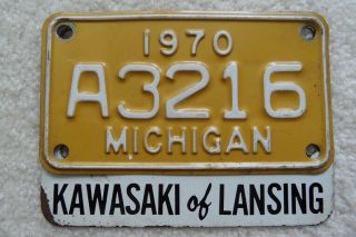 Michigan 1970 Motorcycle License Plate With Dealership Attachment– Look