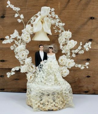 Vintage Chalkware Wedding Cake Topper Brunette Bride White Veil