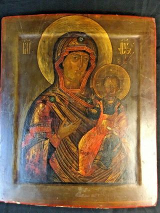 Antique Russian Orthodox Religious Icon Painting On Wood Theotokos Christ Child