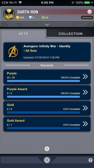 Topps Marvel Digital Avengers Infinity War Identity 23 Cd Set,  3 Purple Awards