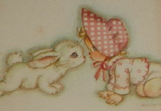 Vintage Greeting Note Card,  Baby Girl And Bunny,  Marjorie Cooper 4 1/2 "