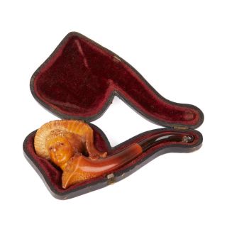 Carved Meerschaum Lady In Bonnet Cased Pipe 19/20th C.