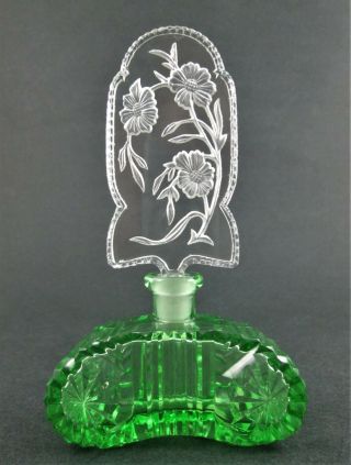 Vintage Czech - Emerald Green Perfume Bottle Etched Floral Stopper - C.  1920 