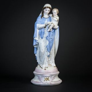 Virgin Mary Statue | Madonna W Child Jesus Figure | Antique Bisque Porcelain 10 "