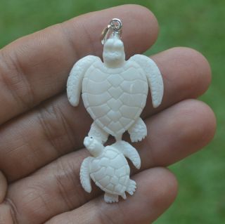 Double Turtle Carving 47x28mm Pendant P3701 W Silver In Buffalo Bone Carved