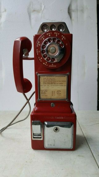 Vintage 3 Slot Coin Rotary Red Pay Phone Telephone Automatic Electric Company.