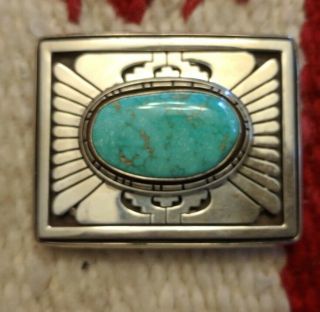 Sterling Silver Overlay Belt Buckle With Turquoise By Navajo Master Leonard Nez