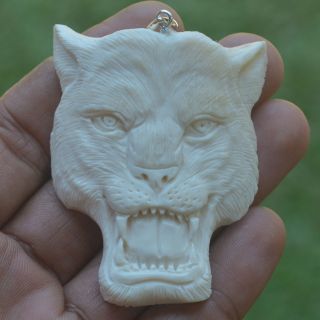 Tiger Head Carving 57x47mm Pendant P2594 W Silver In Buffalo Bone Carved