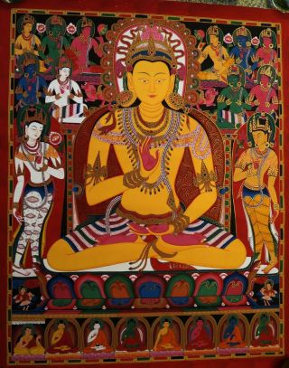 Unique Lord Amoghasiddhi Buddha 24.  2 " X 19.  2 " Gold Painted Thangka Paubha Nepal