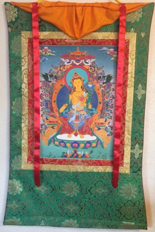 Subtle Gold Leaf Tibet Maitreya Buddha Silk Frame Thangka Painting R185360
