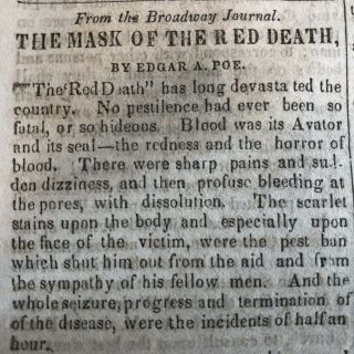 1845 Newspaper Early Printing Of Edgar Allan Poe Story Masque Of The Red Death