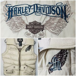 Harley Davidson Womens Size Medium Cream Color Embroidered Puffy Vest Motorcycle