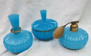 Vintage Blue Glass Vanity / Dresser Set / Powder Dish Stopper Perfume & Atomizer