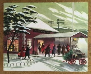 Mid Century People At Train Station Vintage Mid Century Christmas Card