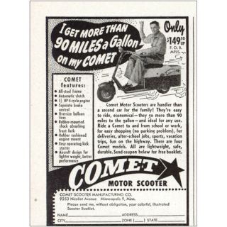 1947 Comet Motor Scooter: More Than 90 Miles A Gallon Vintage Print Ad