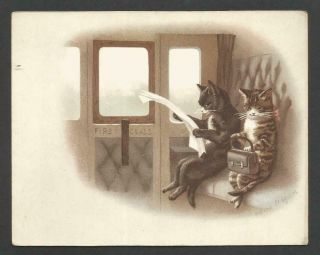 L68 - Anthropomorphic Cats On A Train - Helena Maguire - Victorian Card