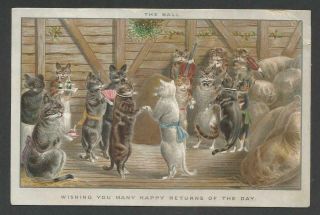 L67 - Anthropomorphic Cats At A Ball - Schipper - Victorian Birthday Card