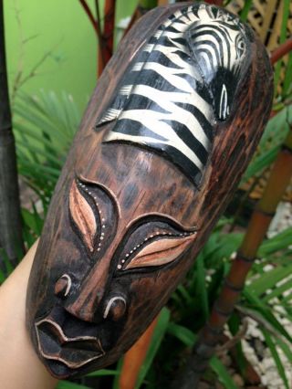 African Mask Tribal Zebra Tiki Garden Decor Hang Wood Hand Painted Carved Safari