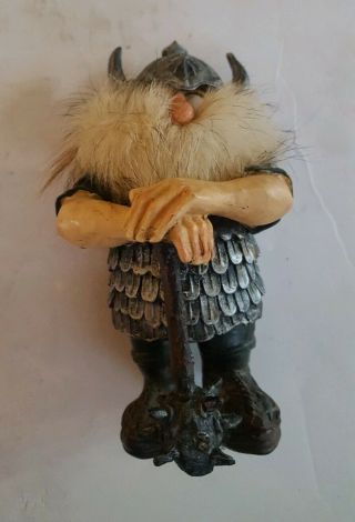 Vintage Scandinavian Resin Viking Figurine With Faux Furry Beard & Weapon