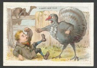 L43 - Angry Anthropomorphic Turkey Punches Man - Comical Victorian Year Card