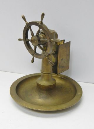 Antique Figural Brass Ship Wheel Cigar Cutter Match Holder Turn Wheel For Cut