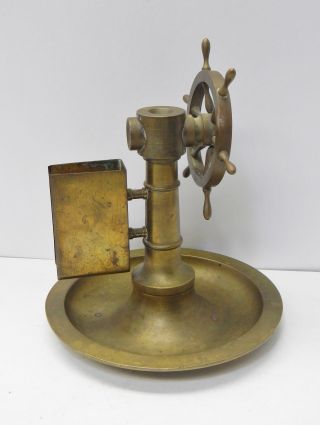 Antique Figural brass ship wheel Cigar cutter match holder turn wheel for cut 4