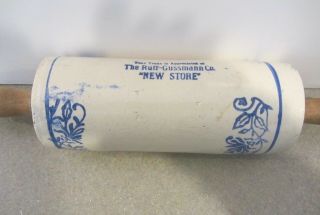 Antique Stoneware Advertising Rolling Pin Ruff - Gussman Blue Wildflower 10