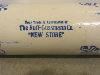 Antique Stoneware Advertising Rolling Pin Ruff - Gussman Blue Wildflower 2