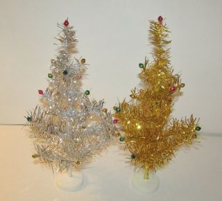 2 Vintage 15 " Tinsel Foil Christmas Trees Mercury Glass Beads Japan Silver Gold