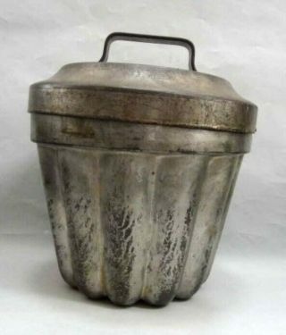 1800 antique TIN TUBE CAKE PAN w/LID STEAM PUDDING JELLO MOLD baking bundt HEAVY 3