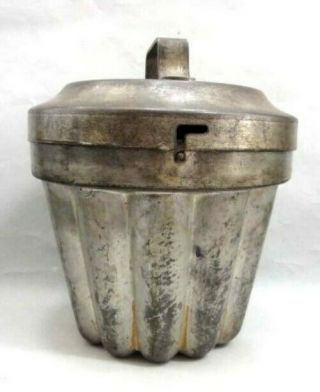 1800 antique TIN TUBE CAKE PAN w/LID STEAM PUDDING JELLO MOLD baking bundt HEAVY 4