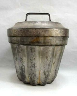 1800 antique TIN TUBE CAKE PAN w/LID STEAM PUDDING JELLO MOLD baking bundt HEAVY 5
