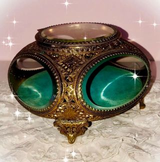 Antique Beveled Glass Ormolu Gilt Brass Jewelry Casket 6 " X 6 " X 4 " Trinket Box