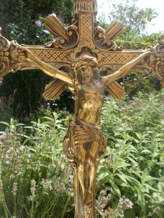18 " High French Antique Religious Bronze Standing Crucifix Altar Cross