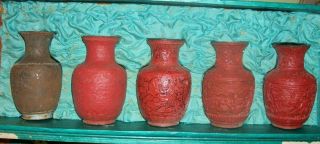 Vintage Carved Red Cinnabar & Uncarved & Other Material Chinese Vase Set Of (5)