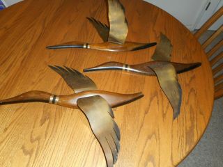 Vintage Mid Century Set Of 3 Wood Brass Geese In Flight Wall Decor