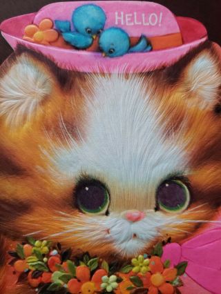 Vtg Hallmark Birthday Greeting Card Calico Kitten Pink Hat Bow Bluebirds Daisies