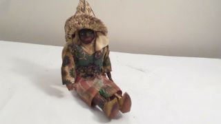 Antique Primitive Wood Stuffed African American Doll With Straw Hat