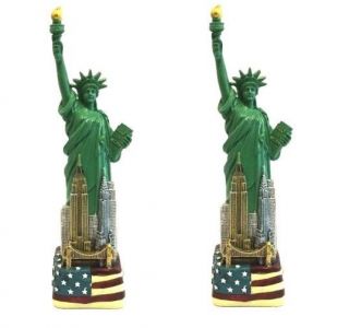 Set Of 2 X 6 " Statue Of Liberty Figurine W.  Flag Base And York City Skylines