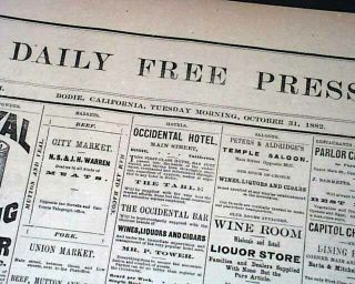 Famous Ghost Town Old West Gold Mining Bodie Ca California Rare 1882 Newspaper