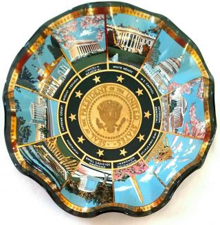 Vintage Washington Dc Glass Ruffled Wavy Plate Black & Gold Presidential Seal