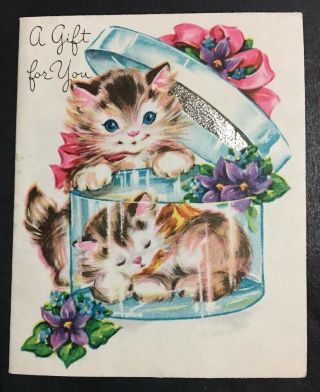 Mini Vintage Gift Card Kittens W/ Bows In Hat Box W/ Flowers