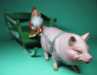 Rare Antique Papermache Santa With Pig Sled Christmas Gift Made In Germany 1940