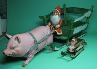 RARE ANTIQUE PAPERMACHE SANTA WITH PIG SLED CHRISTMAS GIFT MADE IN GERMANY 1940 2